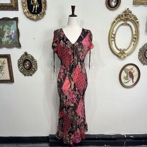 Vintage Paradise NY Patchwork Floral Midi Dress Red Tie Sleeve Size S